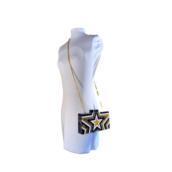 LULU NYC Black White Gold Star Design Small Box Shoulder Bag - Picture 2 of 13